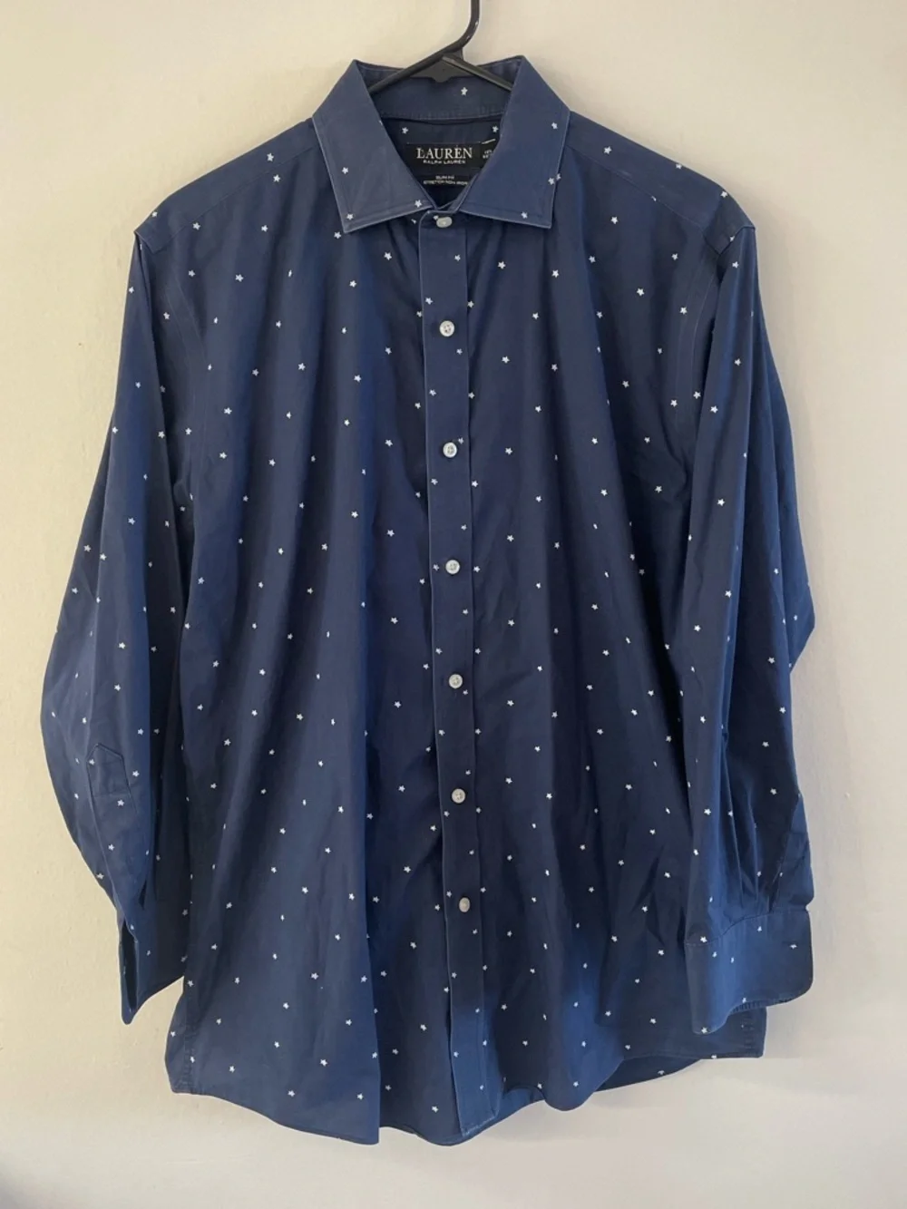 Lauren Ralph Lauren Dress Shirt Mens 16.5 32/33 Navy Blue Star Print Slim Fit